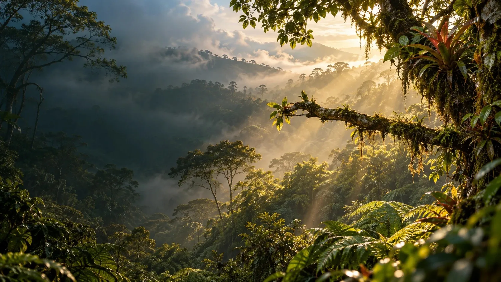 Bosque de niebla andino con rayos de sol entre los árboles