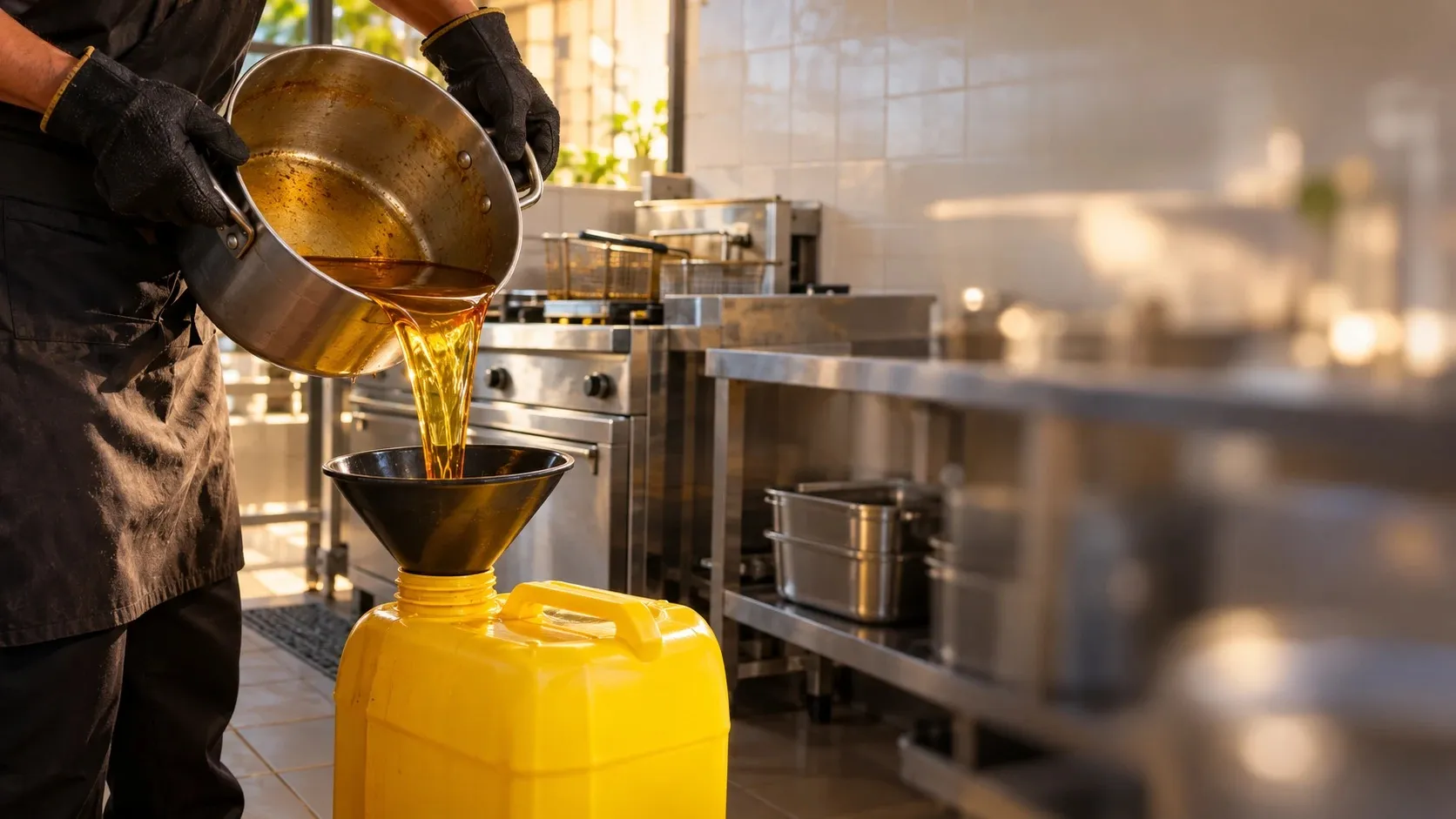 Persona en una cocina comercial vierte aceite usado desde una olla hacia un bidón con embudo