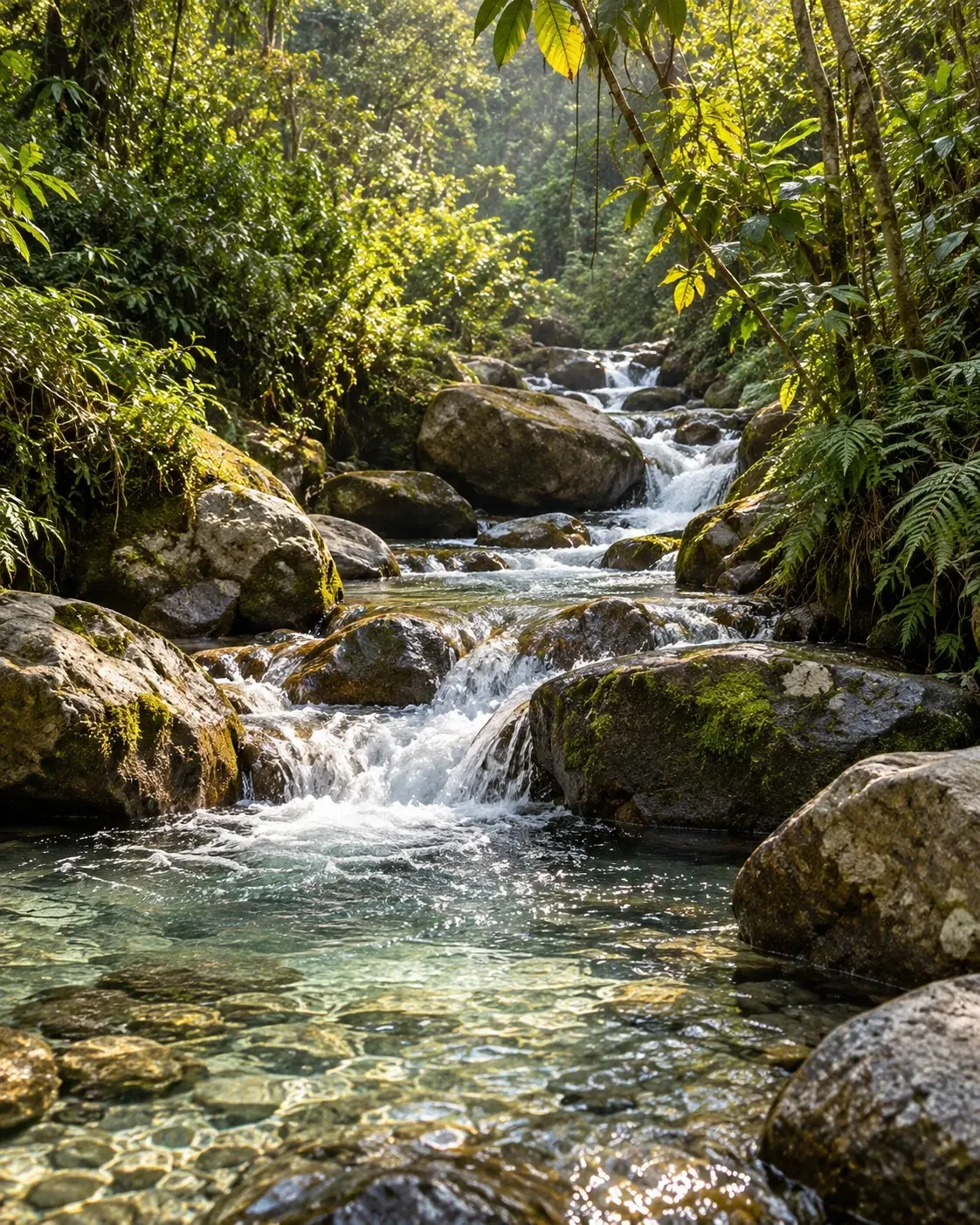 Quebrada de agua cristalina entre piedras y vegetación
