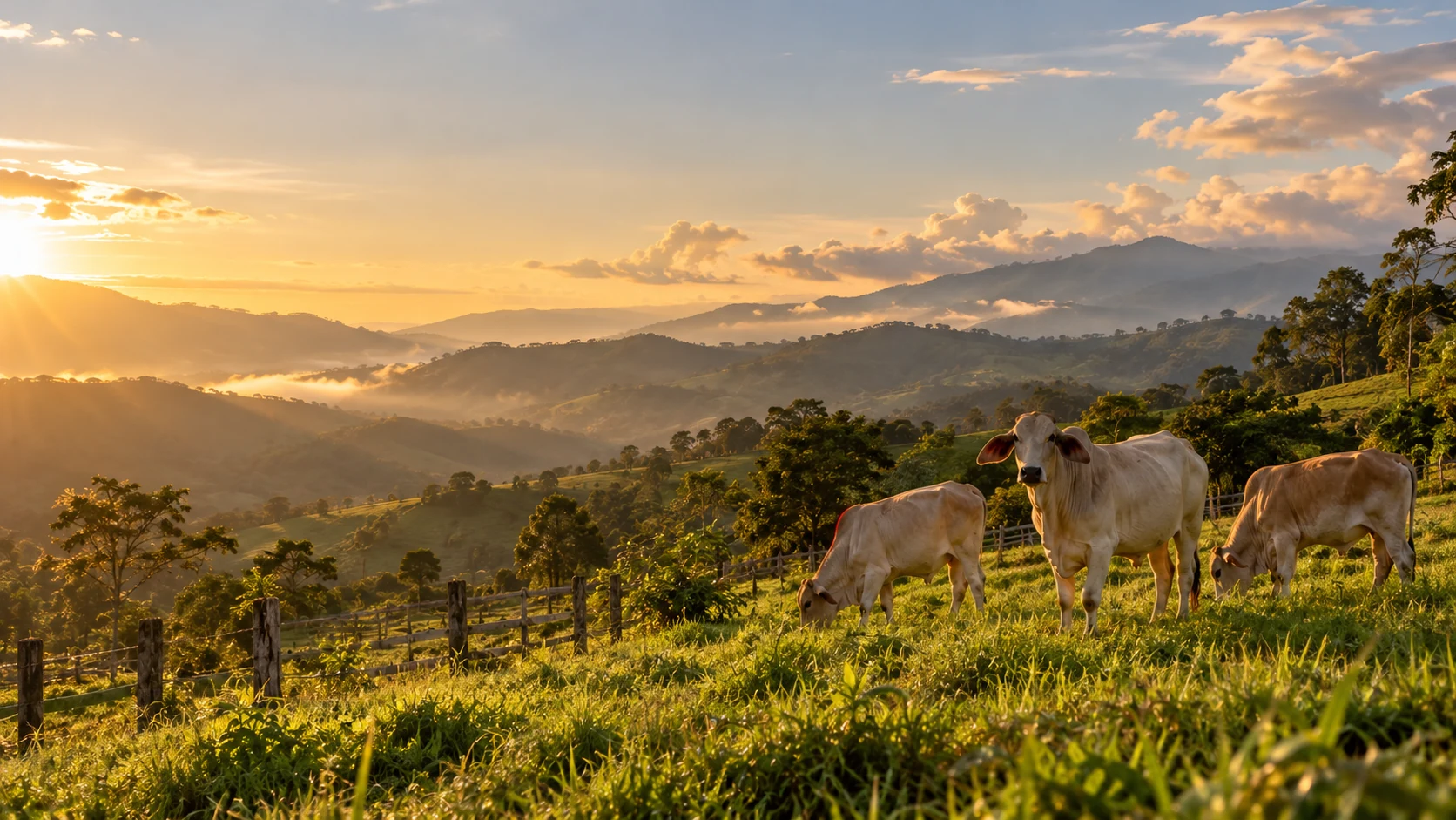 Tres novillos pastan en un potrero verde de las montañas colombianas al atardecer